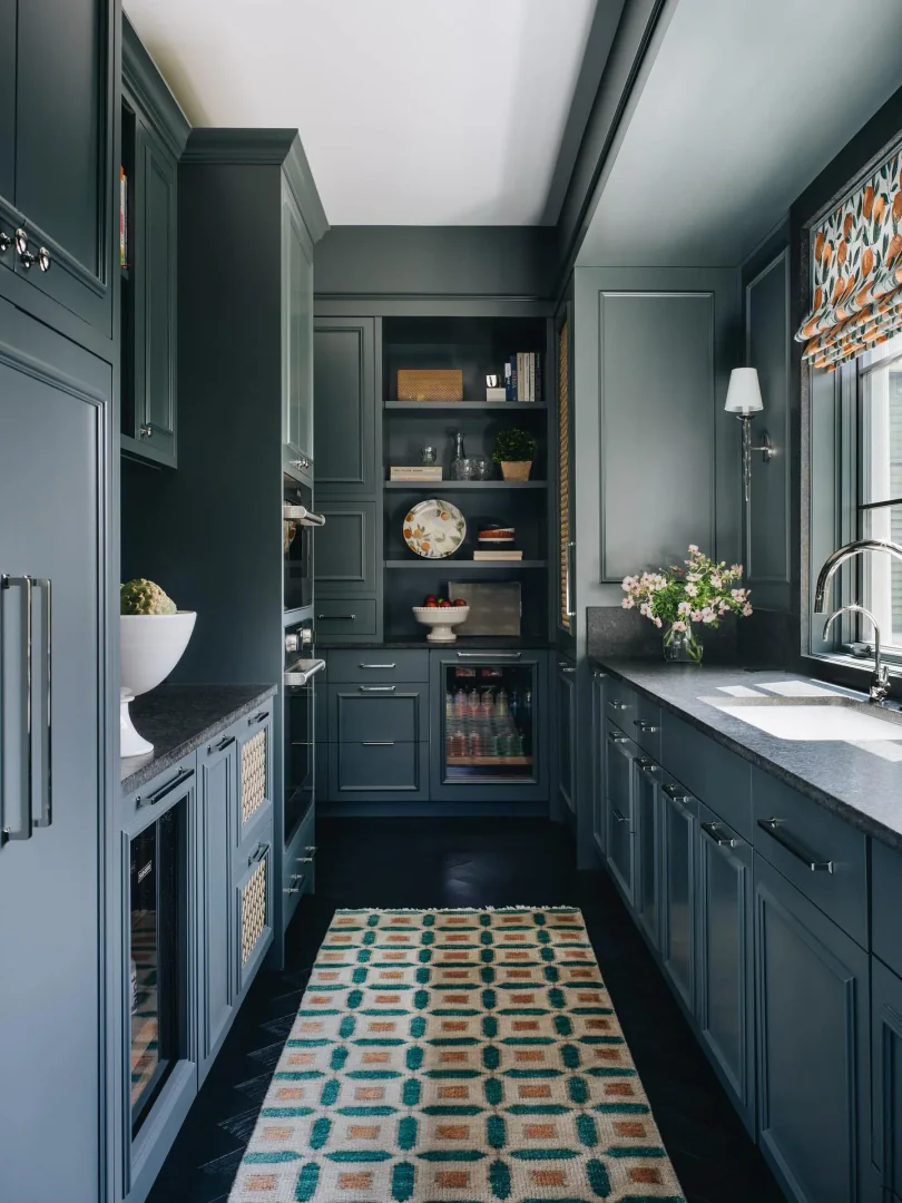 7. Bold Geometry in a Deep Blue Galley Kitchen (Kitchen Rug Ideas)