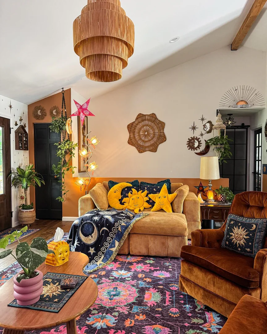 7. Celestial Boho with Warm Yellow Tones (Yellow and Blue Living Room Ideas)