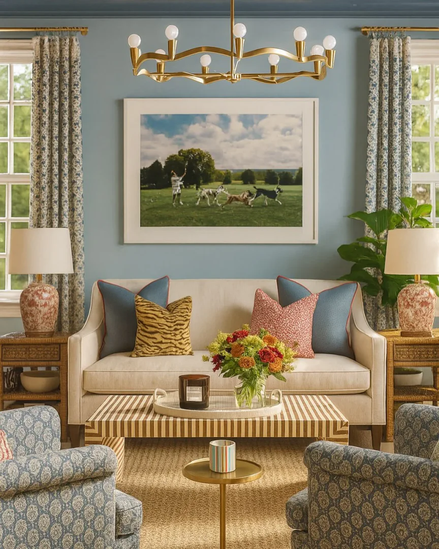 7. Classic Vibrance with Pattern Play (Large Living Room Wall Ideas)