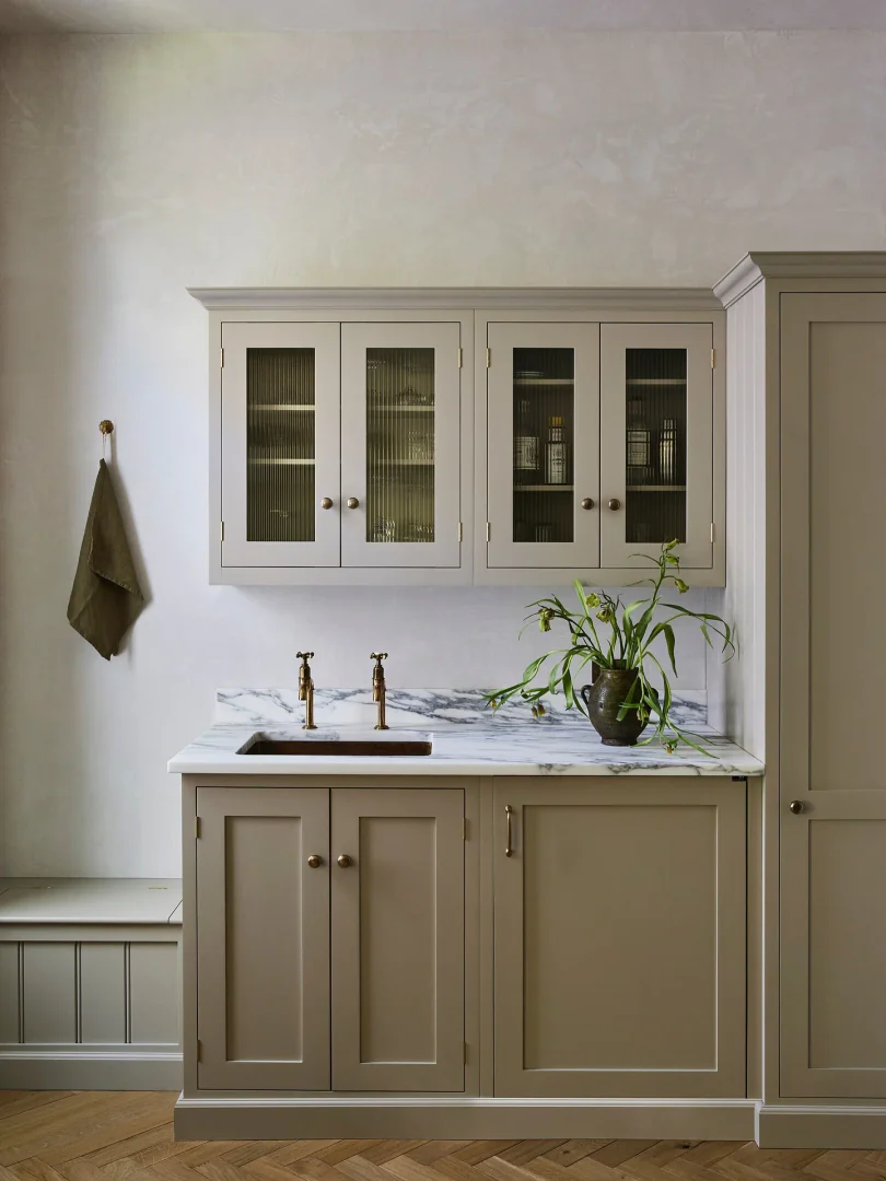 7. Mushroom & Marble: Understated Luxe (Two Tone Kitchen Ideas)
