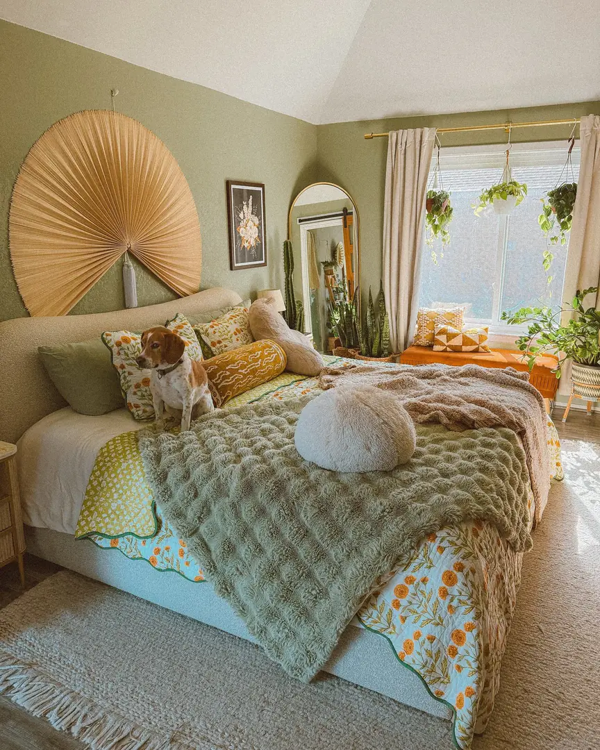 7. Playful Layers in Soft Green Tones (Greenery Bedroom Ideas)