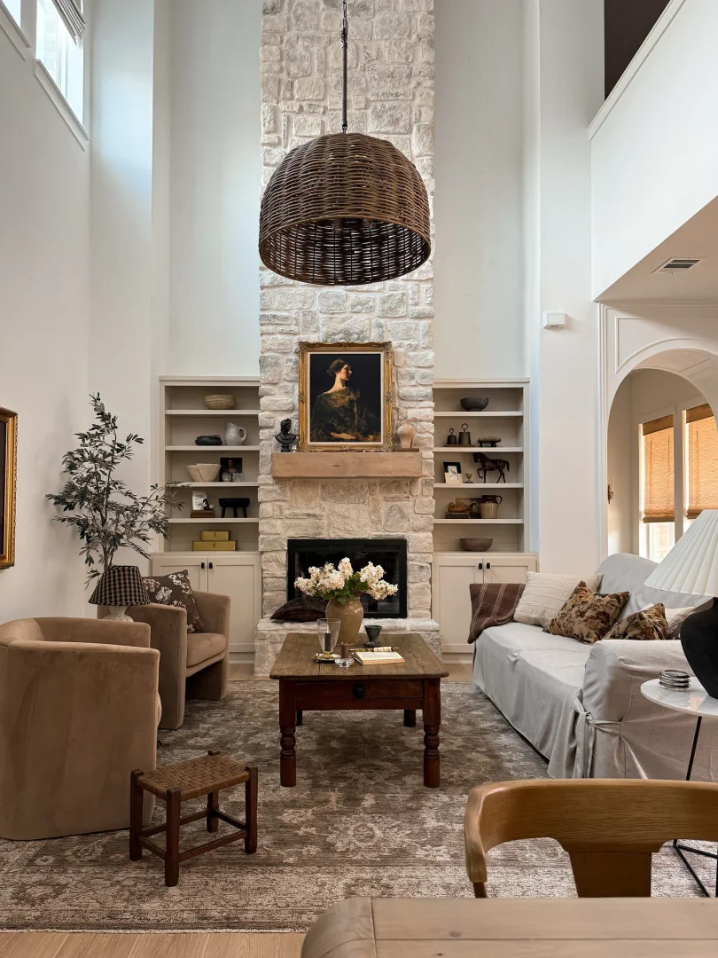 7. Textural Neutrals with Rustic Elevation (Dark Brown Living Room Ideas)