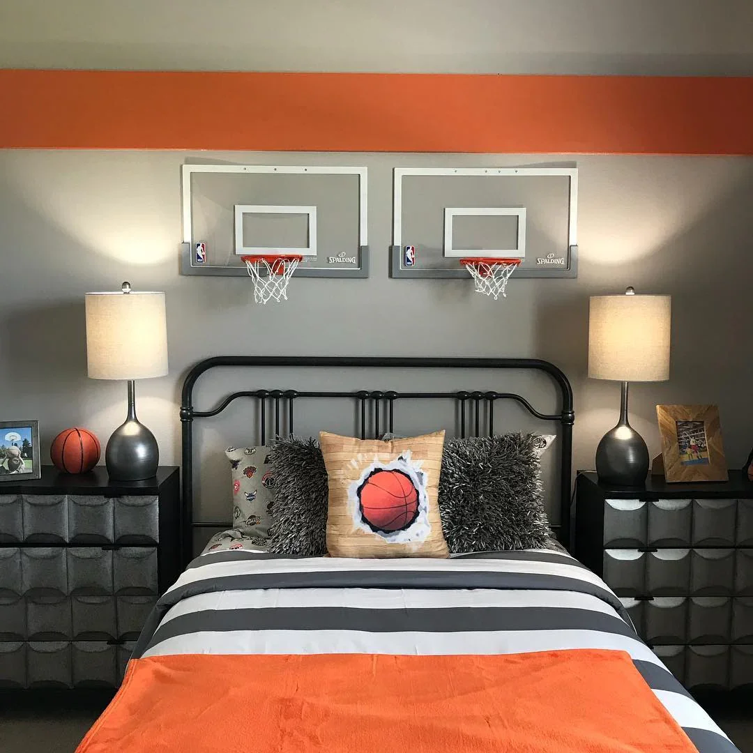 8. Playful Hoops-Themed Bedroom with Twin Nets (Basketball Bedroom Ideas)