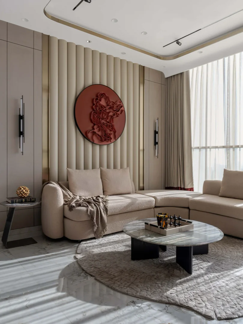 9. Modern Sculptural with Earth Tones (Living Room Carpet Ideas)