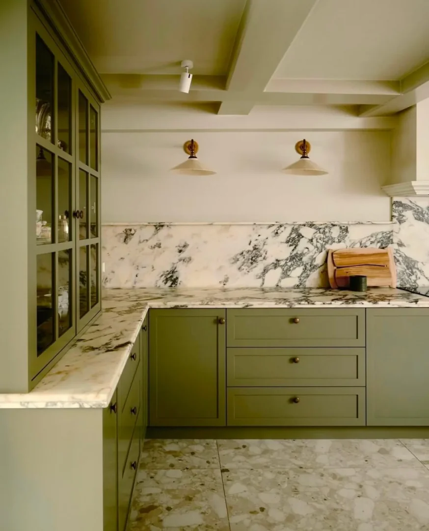 9. Olive Green Sophistication with Marble Drama (Barndo Kitchen Ideas)