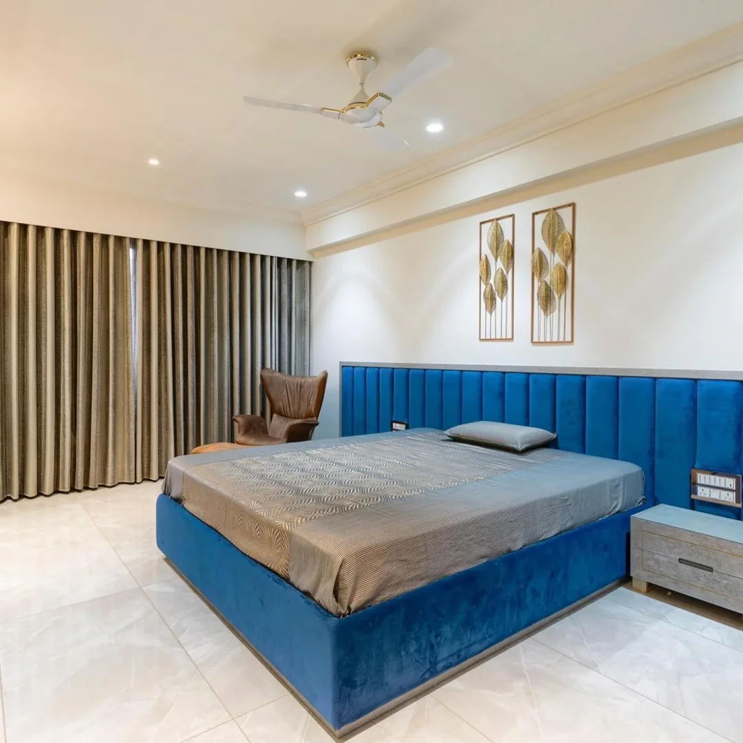 9. Polished Modern with Bold Blue Upholstery (Cool Bedroom Ideas)