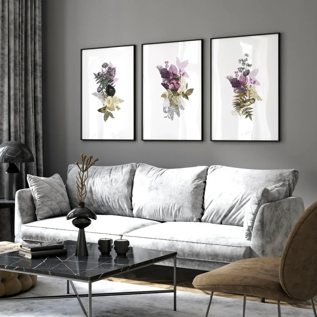 9. Soft Modernism with Botanical Focus (Large Living Room Wall Ideas)