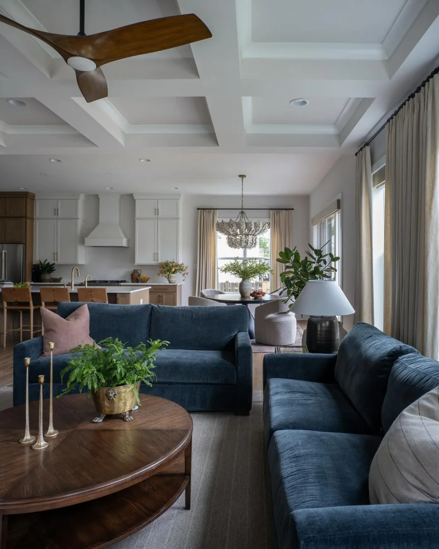 9. Transitional Design with Deep Blue Seating (Grey and Blue Living Room Ideas)