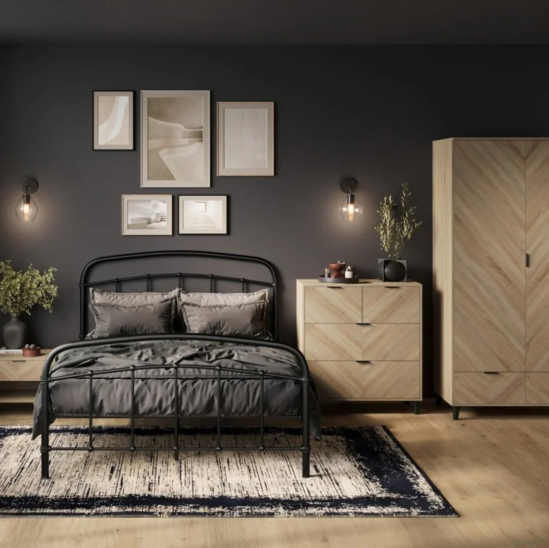 9. Warm Neutrals with Graphic Edge (Metal Bed Frame Bedroom Ideas)